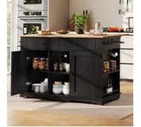 Desserte/Chariot de Cuisine à Roulettes,Îlot de Cuisine avec Porte-Serviettes,2 Portes 2 Tiroirs,Armoire Buffet avec Prise,Noir