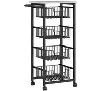 Desserte Cuisine 4 Paniers 4 Roulettes Pivotantes Poignée Acier Noir Plateau Effet Pierre Gris Clair