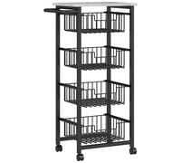 Desserte Cuisine 4 Paniers 4 Roulettes Pivotantes Poignée Acier Noir Plateau Effet Pierre Gris Clair