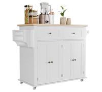Desserte Cuisine à Roulettes, 2 Tiroirs Coulissants & 2 Armoires Rangement | Meuble Cuisine avec Plan Rabattable en Bois Massif, Porte-Serviette, Roulettes avec Freins, pour Station Café, Salle à Manger
