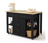 Desserte Cuisine à Roulettes avec Plan de Travail Extensible, avec 2 Tiroirs et 2 Portes, 4 Étagères, Chariot de Service ,Noir