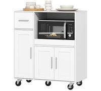 Desserte cuisine à roulettes, meuble micro onde, plateau coulissant, tiroir, placards 3 portes, 80x40x88,7cm, blanc