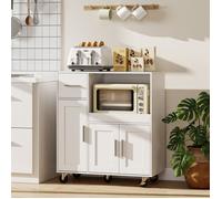 Desserte cuisine à roulettes, meuble micro onde, plateau coulissant, tiroir, placards 3 portes, 80x40x88,7cm, blanc