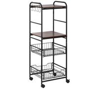 HOMCOM Desserte Cuisine 4 Niveaux, Chariot de Service, Chariot de Rangement à roulettes avec 2 paniers extractibles, étagères et Crochets latéraux, 40 x 38 x 111 cm, Noyer