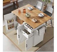 Desserte de cuisine à roulettes 120x43-71x92cm Îlot central de cuisine avec plan de travail extensible 2 tiroirs 3 Blanc et bois