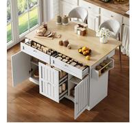 Desserte de cuisine à roulettes 120x45-70x92cm, Îlot central de cuisine avec plan de travail extensible 2 tiroirs et 2 portes, blanc