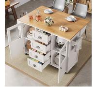 Desserte de cuisine à roulettes 137x45-73x92cm Îlot central de cuisine avec plan de travail extensible 4 tiroirs 2 Blanc et bois