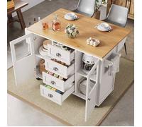 Desserte de cuisine à roulettes 137x45-73x92cm Îlot central de cuisine avec plan de travail extensible 4 tiroirs 2 portes - blanc