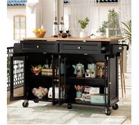 Desserte de cuisine à roulettes 140×44-72×90 cm Îlot de cuisine avec plan de travail extensible 2 tiroirs 4 portes - noir