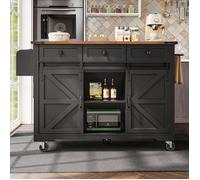 Desserte de cuisine à roulettes 140x45-73x94cm Îlot central de cuisine avec plan de travail extensible 3 tiroirs 2 portes, Noir