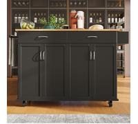 Desserte de Cuisine à Roulettes avec 2 Tiroirs+4 Portes+Porte-Serviettes,Chariot de Salle à Manger avec Plan de Travail,Noir
