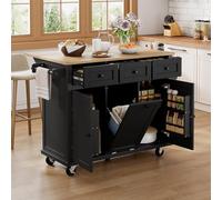Desserte de Cuisine à roulettes Îlot Central avec Plan de Travail Pliable,2 Portes avec Rangement,3 Tiroirs,poubelle et Étagères Réglables pour Cuisine ou Salle à Manger (Noir-01B-2026, 131X46X93cm)