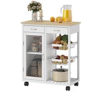 Desserte de cuisine à roulettes, îlot central cuisine avec plateau en bambou, porte vitrée, 67 x 35 x 80 cm, blanc