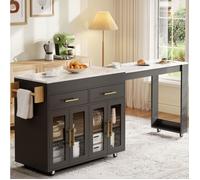 Desserte de cuisine avec 2 tiroirs 4 portes vitrees plateau extensible et roulettes - YEAVIO - MDF Noir