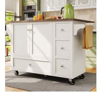 Desserte de Cuisine avec Plan de Travail,Bîlot de Cuisine à Roulettes,Porte-Serviettes et étagère à épices,4 Tiroirs 2 Portes,Blanc