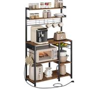 Desserte de Cuisine avec Prise de Courant, 4 Prises CA, Étagères Réglables, 8 Crochets en S, Marron Rustique et Noir d’Encre