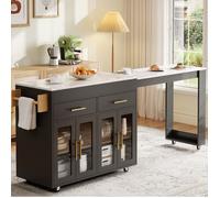 Desserte de cuisine avec table bar extensible 2 tiroirs 4 portes vitrees et roulettes - en MDF - 132 5-217×50×93 cm - noir