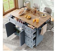 Desserte de cuisine avec table de bar, étagères réglables, 4 tiroirs, 2 portes, 110×45/75×92cm, MDF, bleu clair