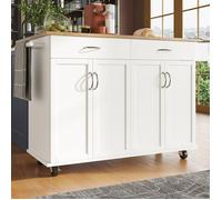 Desserte de Cuisine,Bîlot de Cuisine à Roulettes avec Grand Placard,2 Tiroirs,4 Portes,Porte-Serviettes,Plan de Travail, Blanc