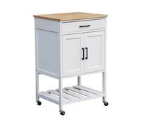 Desserte de cuisine blanche BENDOR plateau en bois d'hévéa. 56 x 46 x 90 cm. 4 roues. 1 tiroir. 2 étagère. 1 double porte. style