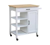 sweeek Desserte de cuisine blanche BENDOR plateau en bois d'hévéa 83 x 47 x 91 cm 1 poignée 4 roues 1 tiroir 5 étagères 1 porte style contemporain Blanc
