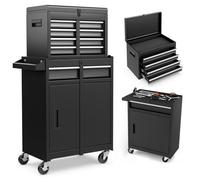 Desserte de Cuisine, Chariot à roulettes, Coffre à Outils Amovible avec tiroirs, roulettes, Crochets, poignée latérale, verrouillable, métal (Noir et Gris)