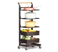 Desserte de Cuisine, Chariot de Cuisine à tiroirs coulissants avec roulettes, Noir, avec 5 Planches et 2 paniers pour casseroles et ustensiles, Solution de Rangement Peu encombrante pour la