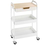 Desserte de cuisine chariot de service 2 étagères tiroir plateau aspect bois clair acier PP blanc 43x30x75cm Blanc