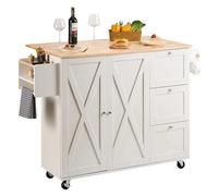 Desserte de cuisine Chariot d'îlot de cuisine avec dessus en bois massif, chariots mobiles de 45,3 po de largeur avec armoire de rangement, abattant et tiroir, blanc Desserte de cuisine roulante