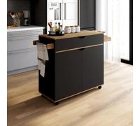 IDMarket - Desserte de cuisine COSY XXL placard avec tiroir noir et plateaux façon hêtre L.90 CM