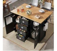Desserte de cuisine extensible 137x45-73x92cm Îlot central de cuisine avec plan de travail 4 tiroirs 2 portes et Noir et bois