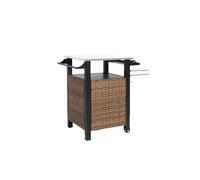 Desserte de cuisine extérieure roulante - osier marron, plateau inox extensible, 76 x 57 x 85 cm