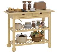 HOMCOM Desserte de Cuisine à roulettes en Bambou, Chariot de Rangement avec 2 tiroirs, 2 étagères à Lattes et Plan de Travail, Chariot de Cuisine et Salle à Manger, 100 x 43 x 75 cm, Bois Naturel