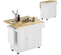 Desserte de cuisine - HOMCOM - îlot central plateau hévéa 3 tiroirs 1 placard porte-torchons - bois - 111,5x45-75x89cm - blanc