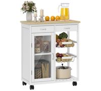 HOMCOM Desserte de Cuisine à roulettes, îlot Central Cuisine avec Plateau en Bambou, Porte vitrée, 2 paniers en Fil métallique, 2 tiroirs et étagère réglable, 67 x 35 x 80 cm, Blanc