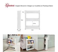 Desserte de cuisine HUOLE Resserre 3 Etages sur roulettes de salle de bains 54 x 12 x 71 cm en Plastique Blanc