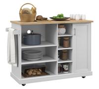 HomCom – Desserte de cuisine Îlot multi-rangement MDF blanc Plateau bois hévéa verni