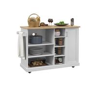 HOMCOM Desserte îlot de Cuisine, Desserte à roulettes, Chariot de Cuisine, 7 Compartiments Ouverts, 1 Placard 1 Porte, 129 x 51 x 93 cm, Bois et Blanc