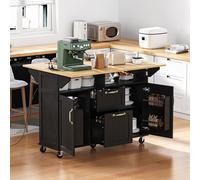 Desserte de Cuisine Mobile 120×40(80)×92 cm, îlot Central sur roulettes avec tiroirs,Chariot de Salle à Manger avec Plan de Travail Rabattable,étagère à épices et Porte-Serviettes, Bloc Prises Intégré