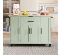 Desserte de cuisine mobile 120 cm vert - Ilot sur roulettes avec plan de travail extensible - Tiroir et porte-épices