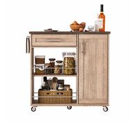 Desserte de cuisine mobile chêne, plateau imitation bois, rangement tiroir placard étagères, roulettes verrouillables 90x62x90cm