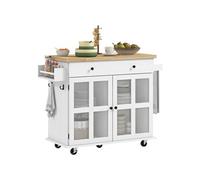Desserte de cuisine multi-rangement - 2 portes, 2 étagères, tiroir, porte-épices, porte-torchon - blanc bois hévéa