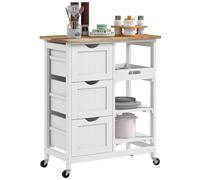 Desserte De Cuisine Multi-Rangement - 3 Tiroirs, 2 Étagères, Plateau Amovible - Mdf Blanc Bois Hévéa