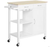 Desserte de cuisine multi-rangements Chariot de cuisine poignées métal MDF blanc plateau bois pin