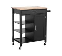 Desserte de cuisine noire BENDOR plateau en bois d'hévéa. 83 x 47 x 91 cm. 1 poignée. 4 roues. 1 tiroir. 5 étagères. 1 porte.