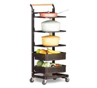 Desserte de Cuisine Pliable à 3 Niveaux avec roulettes et boîte de Rangement pour Micro-Ondes et Vaisselle, Noire, 5 Plateaux et 2 paniers, idéale pour Gagner de la Place et aménager la cuis