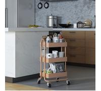 [en.casa] Chariot de Service Polyvalent Desserte Cuisine Salon Salle de Bains 3 Paniers Étagère de 3 Surfaces Meuble de Rangement Acier 79 x 46 x 35 cm Marron Clair