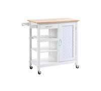 Desserte de cuisine style contemporain - porte, tiroir, 3 étagères - poignées métal MDF blanc plateau bois pin Blanc G