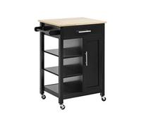 Desserte de cuisine style contemporain - porte, tiroir, 3 étagères - poignées métal MDF noir plateau bois hévéa
