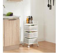 [en.casa] Chariot de Service à 3 Niveaux Desserte à roulettes avec Paniers Dépliables Meuble de Rangement pour Cusine Salle de Bain Bureau Acier 65 x 27 x 27 cm Blanc
